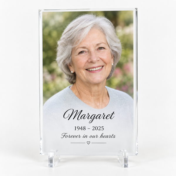 Memorial acrylic photo plaque printed with a photo, the name Margaret and dates