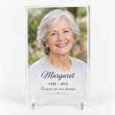 Memorial acrylic photo plaque printed with a photo, the name Margaret and dates