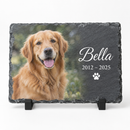 Personalised pet memorial slate plaque with a dog photo, the name Bella and dates