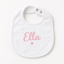Personalised baby bib printed with the name Ella on a white background