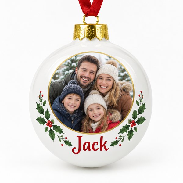 Personalised photo bauble printed with a family photo and the name Jack
