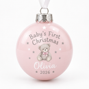 Baby's first Christmas bauble in pale pink personalised with the name Olivia and 2026