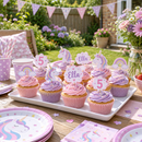 Personalised cupcake toppers on a tray of cupcakes at a garden birthday party