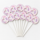 Personalised cupcake toppers set of 12 with the name Ella and age 5 in a pastel unicorn theme