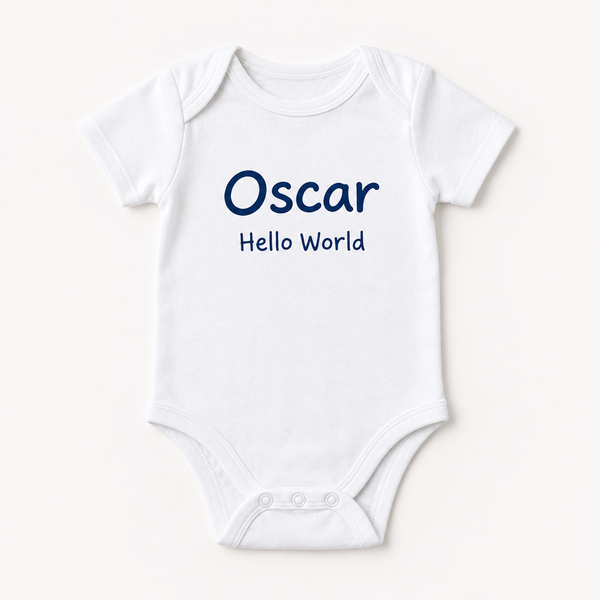 Personalised baby vest with the name Oscar and message Hello World
