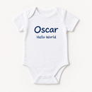 Personalised baby vest with the name Oscar and message Hello World