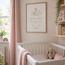 Personalised birth announcement print hanging above a cot in a nursery