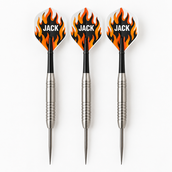 Personalised dart flights printed with the name Jack, set of three on darts