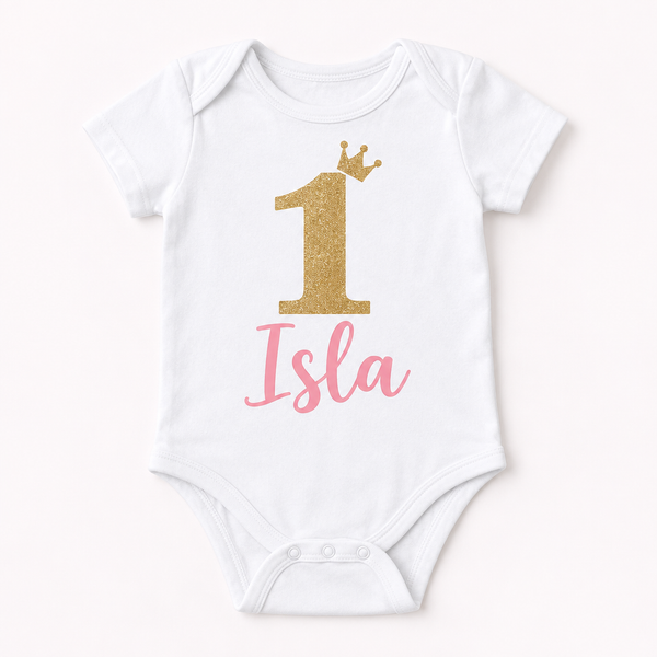 Personalised cake smash outfit with the name Isla and a number 1