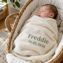 Newborn wrapped in a personalised baby blanket with the name Freddie