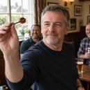 Man throwing a dart with personalised dart flights at a pub darts night