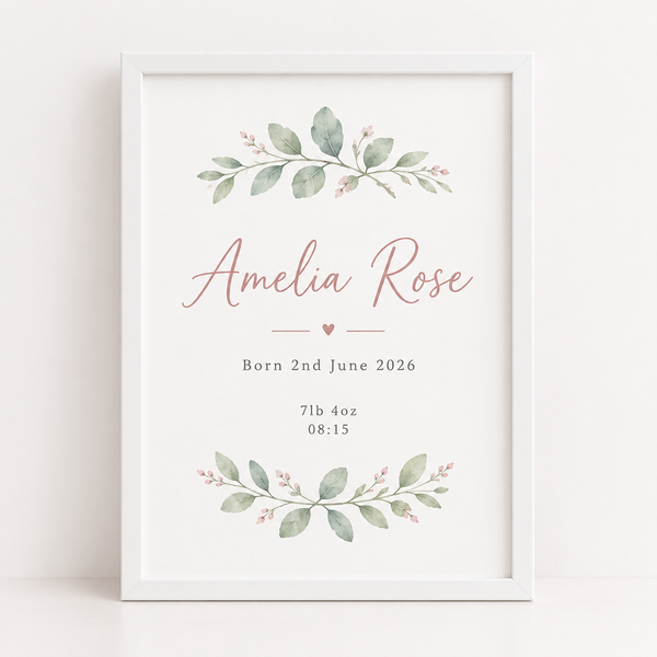 Personalised birth announcement print for Amelia Rose with date, weight and time