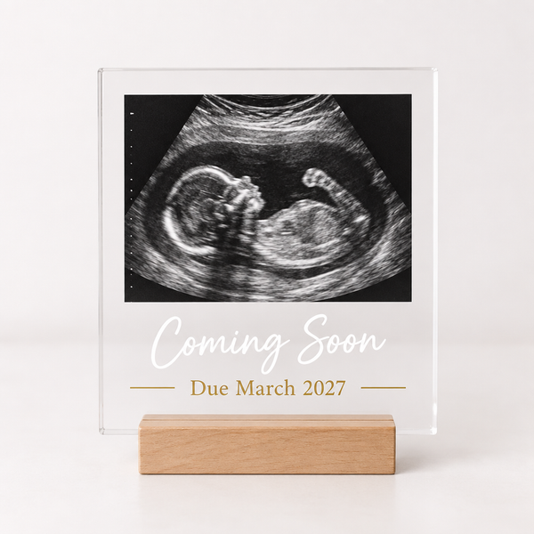 Personalised pregnancy announcement plaque with baby scan photo and due date