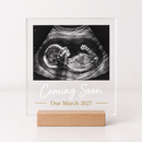 Personalised pregnancy announcement plaque with baby scan photo and due date
