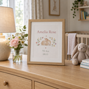 Personalised birth announcement print on a nursery chest of drawers
