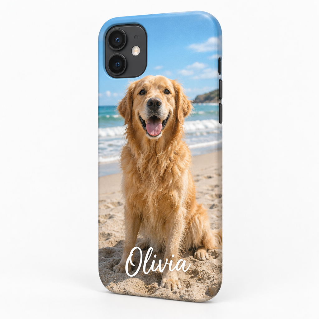 Personalised Photo Phone Case – Custom Printed Case with Your Photo & Name – Choose Your Phone Model – Personalised photo phone case with a dog photo and the name Olivia