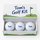 Personalised golf gift set with three golf balls printed Tom in a printed gift box