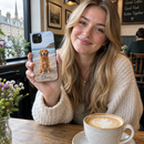 Woman holding a personalised photo phone case in a café