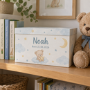 Personalised baby keepsake box with the name Noah on a nursery shelf