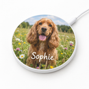 Personalised wireless charging pad printed with a dog photo and the name Sophie