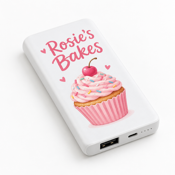 Personalised power bank printed with the Rosie's Bakes logo
