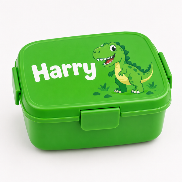 Personalised kids lunch box printed with the name Harry and a dinosaur