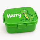 Personalised kids lunch box printed with the name Harry and a dinosaur