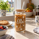 Personalised glass can cup with the name Ella with iced coffee on a kitchen worktop