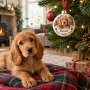Personalised pet's first Christmas bauble on a tree with a puppy below