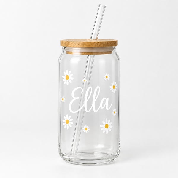 Personalised glass can cup with the name Ella on a white background