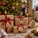Personalised gift tags on wrapped Christmas presents under the tree