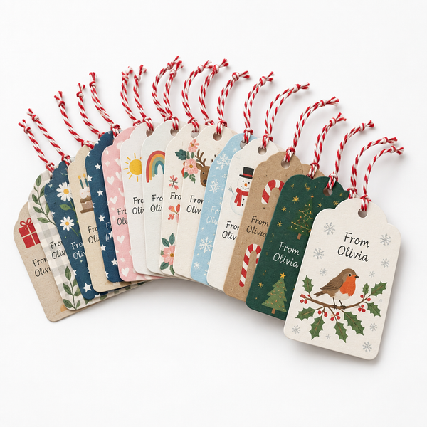 Personalised gift tags pack of 20 printed From Olivia with twine loops