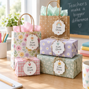 Personalised gift tags on teacher thank-you presents on a desk