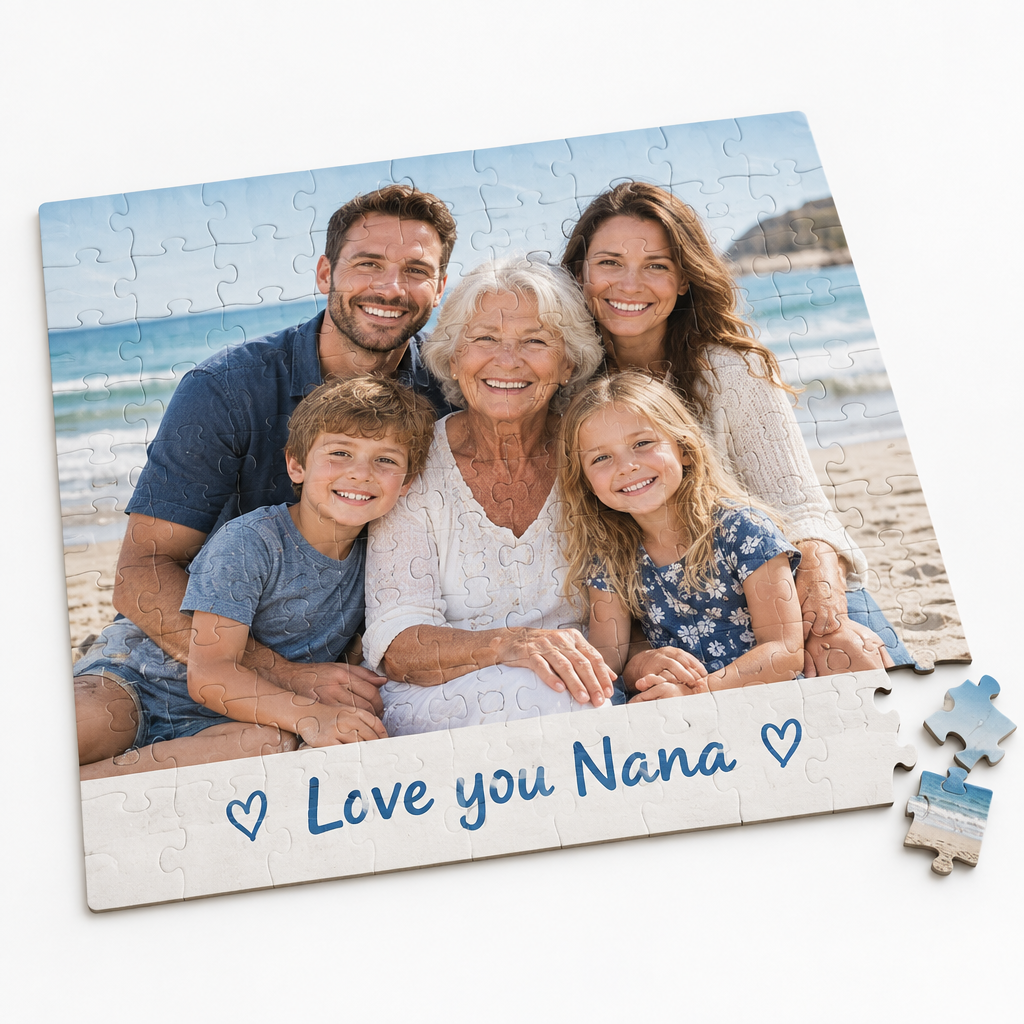 Personalised Photo Card Jigsaw – Your Photo & Message – A4 or A3 Puzzle Gift – Personalised photo card jigsaw with a family beach photo and the message Love you Nana