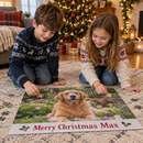Children building an A3 personalised photo card jigsaw of their dog at Christmas