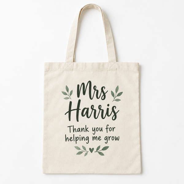 Personalised tote bag in cream cotton printed Mrs Harris with a thank you message