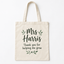 Personalised tote bag in cream cotton printed Mrs Harris with a thank you message