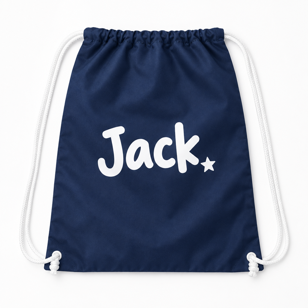 Personalised Drawstring PE Bag – Name Printed School Gym Bag for Kids – Personalised drawstring PE bag in navy printed with the name Jack