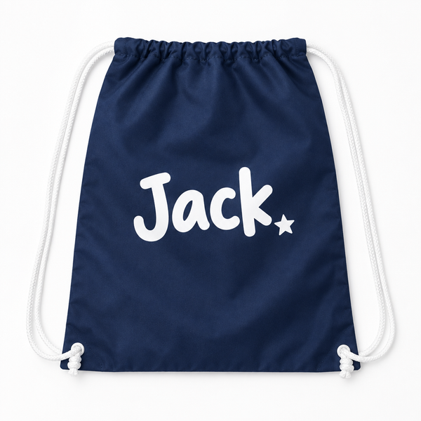 Personalised drawstring PE bag in navy printed with the name Jack