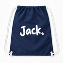 Personalised drawstring PE bag in navy printed with the name Jack