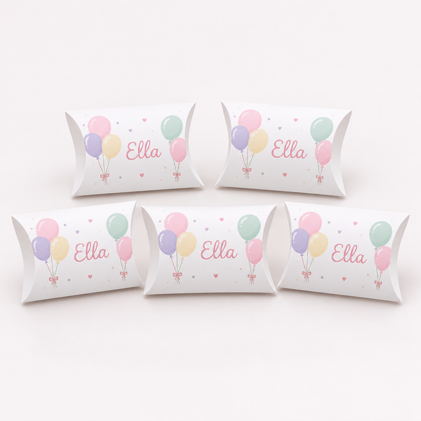 Personalised Kids Party Pillow Treat Boxes – personalised pillow treat boxes on a white background, showing an example