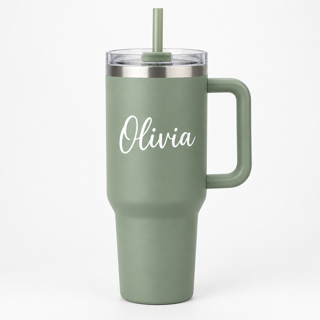 Personalised 40oz Tumbler with Handle – Name Print – Cream, Black, Pink, Sage or Lilac – Personalised 40oz tumbler with handle with the name Olivia on a white background