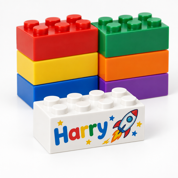 Custom printed building brick with the name Harry and set of six bricks