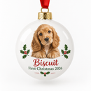 Personalised pet's first Christmas bauble with a puppy photo and the name Biscuit