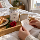 Personalised reasons I love you jar on a Valentine's breakfast tray