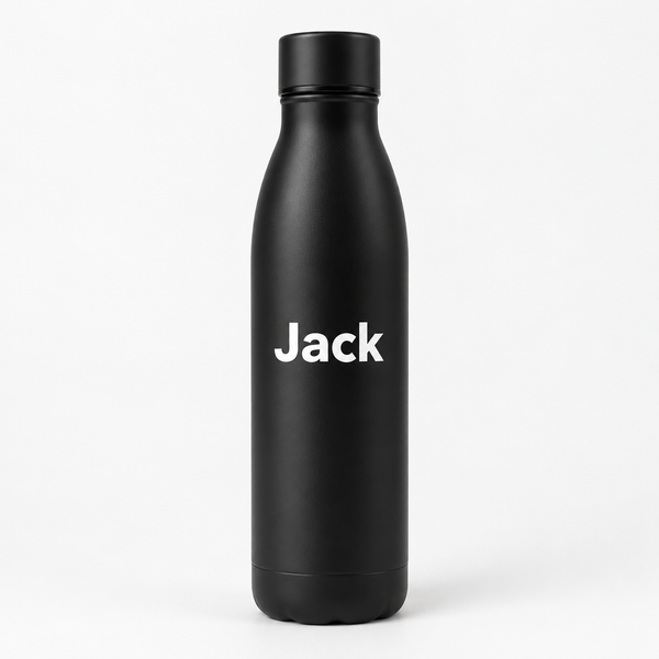 Personalised stainless steel water bottle with the name Jack on a white background