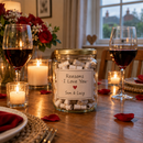 Personalised reasons I love you jar on a candlelit dinner table