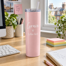 Personalised 20oz skinny tumbler with the name Grace on an office desk