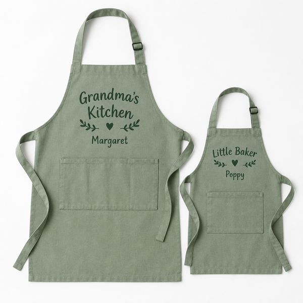 Personalised apron in adult and kids sizes printed with names Margaret and Poppy