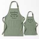 Personalised apron in adult and kids sizes printed with names Margaret and Poppy